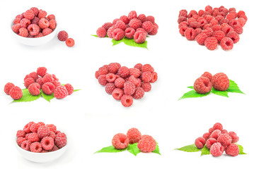 Collection of raspberries with leaves isolated on white