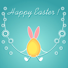 A greeting card for Easter, with  Colored egg with rabbit ears on the swing, decorated with flowers, white lines . A handwritten font. Isolated on a blue gradient background.