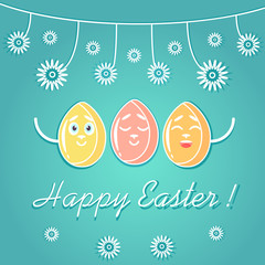A greeting card for Easter, with emotional bright colored Easter eggs, decorated with flowers, white lines. A handwritten font. Isolated on a blue gradient background.