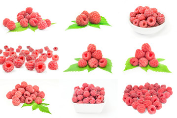 Collection of ripe red raspberries isolated on a white background