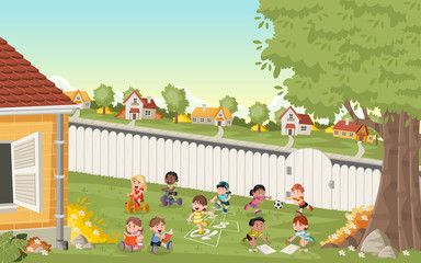 Cartoon kids playing in suburb neighborhood. Green park landscape with grass, trees, and houses.
