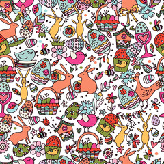 Naklejka premium Cartoon hand drawn Doodle Happy Easter illustration. Seamless pattern.