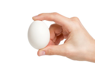 Fototapeta na wymiar Hand holding a white egg on a white background, with copy space