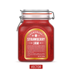 Vector labelled Bale Square Glass Jar with Swing Top Lid filled with strawberry jam isolated over the white background.