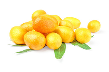 Bunch of kumquat (cumquat) with leaves on a white background