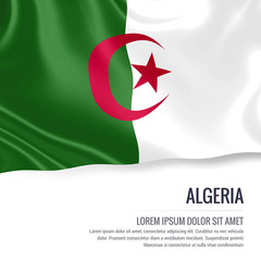 Silky flag of Algeria waving on an isolated white background with the white text area for your advert message. 3D rendering.