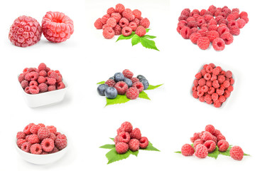 Collage of raspberries with leaves on a white background