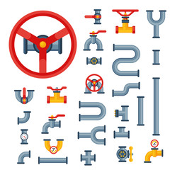 Details pipes different types collection of water tube industry gas valve construction and oil industrial pressure technology plumbing vector illustration.