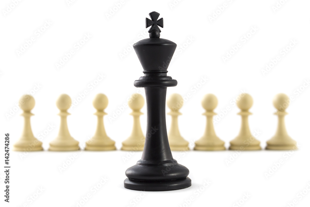 Wall mural chess business concept, leader & success. black king in front of white pawns