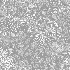 Vector flower pattern. Colorful seamless botanic texture, detailed flowers illustrations. All elements are not cropped and hidden under mask. Doodle style, spring background