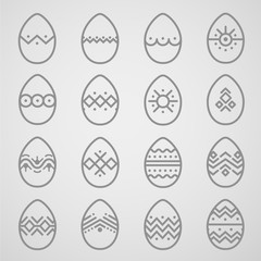 Set of easter eggs, flat with geometric patterns isolated on a gradient gray background, linear vector. White lines and points.