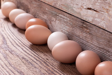Eggs on an old board in a row