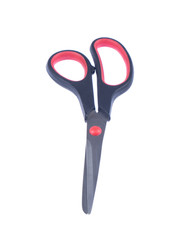 Steel  schissors with black and red handle on white ioslated background