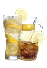 Glass jars with lemon on a white background