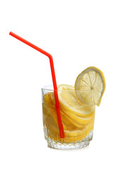 Glass jars with lemon on a white background