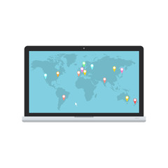 Vector laptop and blue world map with map pointers for communications, logistic and infographics design.