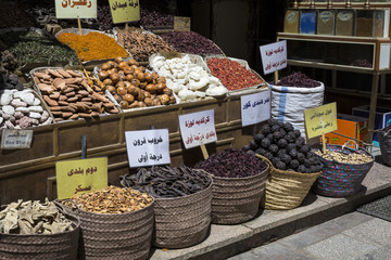 Traditional spices market with herbs and spices in Aswan, Egypt.