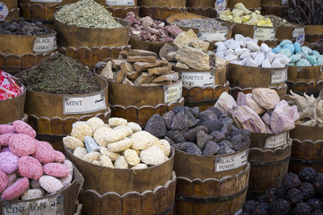 Traditional spices bazaar with herbs and spices in Aswan, Egypt.