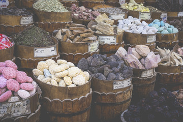 Traditional spices bazaar with herbs and spices in Aswan, Egypt.