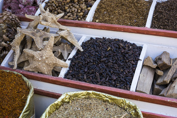 Traditional spices bazaar with herbs and spices in Aswan, Egypt.