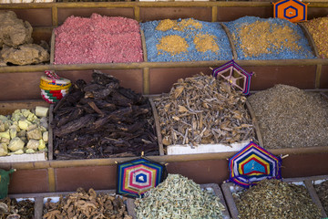 Traditional spices bazaar with herbs and spices in Aswan, Egypt.