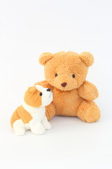Teddy Bear and brown dog dolls, brown ears on a white background.