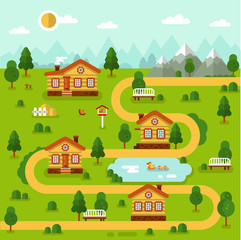 Flat design vector landscape illustration of cartoon village map with cute houses, pond with ducks, road, mountains, bird feeders, bench. Rest in the mountain concept.