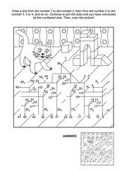 Toy town buildings and playful cat connect the dots picture puzzle and coloring page. Answer included.
