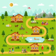 Plakat Flat design vector landscape illustration of cartoon village map with houses, pond, road, mountains. People resting in nature on picnic, old woman walking, boy cycling. Rest in the mountain concept.