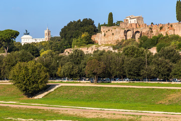 Rome, Italy. The ruins of the imperial palaces on the Palatine Hill and the grandstand of the Circus Maximus