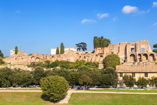 Rome, Italy. View of the ruins of the imperial palaces on Palatine Hill from the side of the circus Massimo.