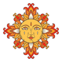 Vintage ornamental illustration. Vector hand drawn ethnic solar symbol. Floral folk pattern. Medieval sun with face for print