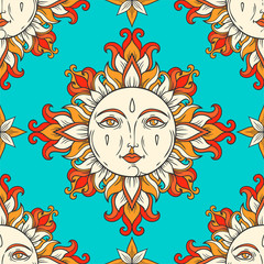 Sun with face and stars on the sky. Vector vintage seamless pattern. Medieval solar ornamental symbol. Floral ethnic texture.