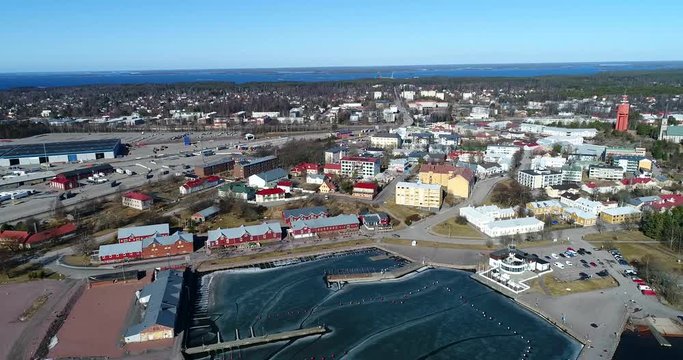 Hanko city, Cinema 4k aerial orbit view of the city, on a sunny spring day, in Hango, Finland