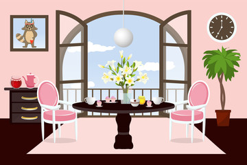 The interior dining room. Cartoon. Cozy room with furniture and a large window. Vector. - 142481299