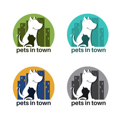 Template logo design with dog and cat in town for pet theme.Vector illustration