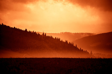A beautiful, colorful, abstract mountain landscape with trees in a red tonality. Decorative, artistic look.
