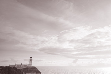 Neist Point, Lighthouse, Isle of Skye, Scotland, UK in Black and White Sepia Tone