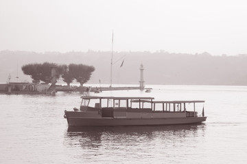 Mouette Boat; Lake Geneva; Switzerland in Black and White Sepia Tone