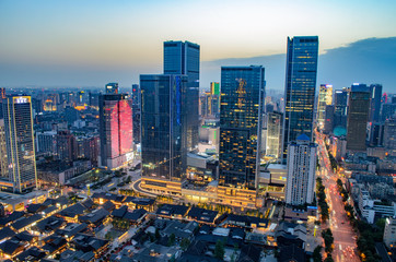 High Angle Shot Of Illuminated Cityscape of Taikooli in Chengdu,China.
