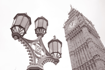 Fototapeta na wymiar Lamppost and Big Ben at Westminster, London in Black and White Sepia Tone