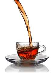 Splash in glass cup of black tea