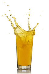 Naklejka na ściany i meble Splash in glass of orange juice with ice