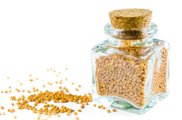 Dry mustard seeds in glass bottle and heap of mustard isolated on white background. Closeup macro shot.