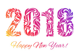 Happy New Year 2018. The colorful figures made in floral ornament isolated on a white background.