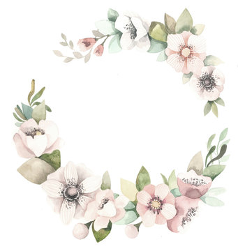 Watercolor floral wreath with magnolias, green leaves and branches.