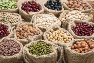Various dry legumes in a sack cloth