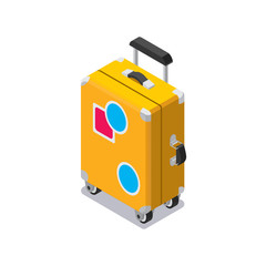 Isometric yellow suitcase with roller wheels icon