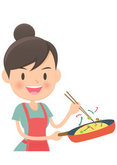 料理をするエプロン姿のアジア人女性