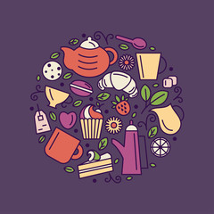 Set of tea theme. Line art draw icons in the circle.Vector illustration